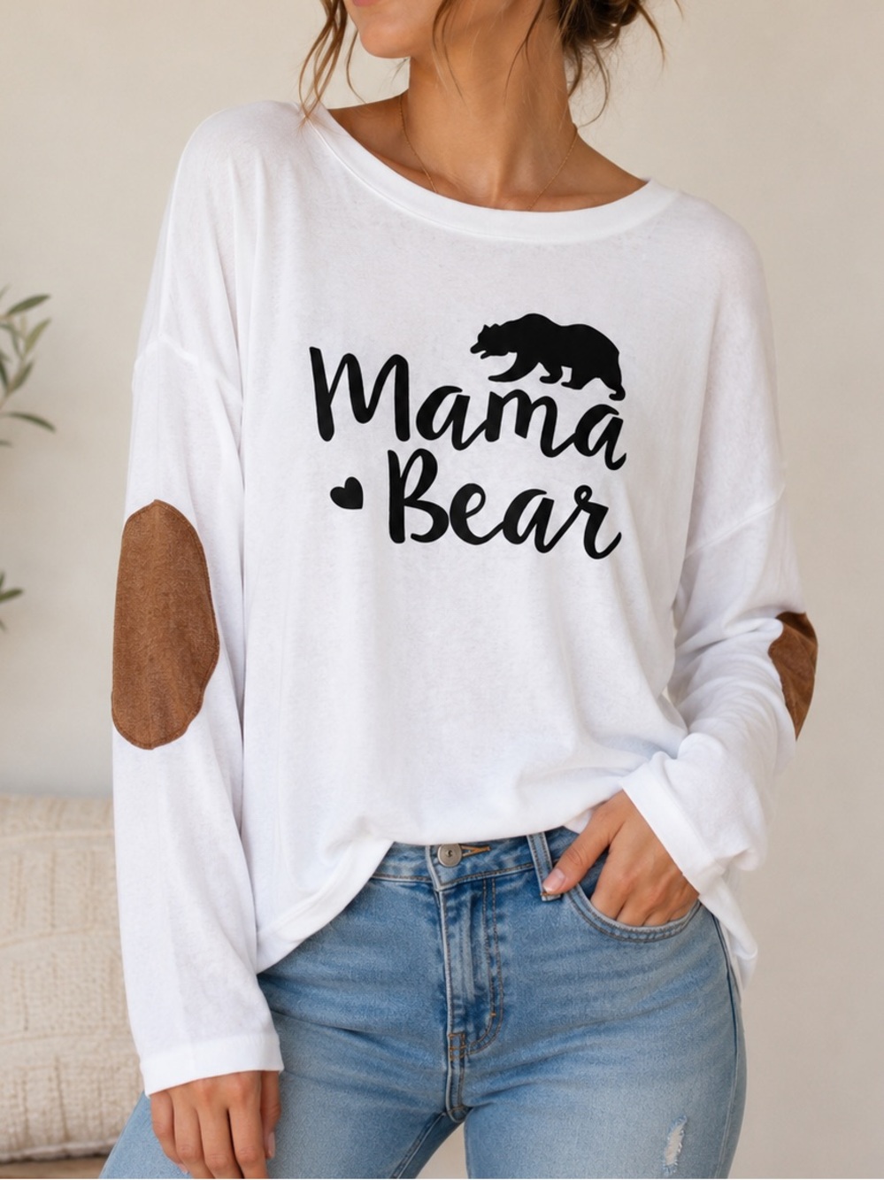 Mama Bear Graphic Long Sleeve Tee Elbow Patches Oversized Cream Small